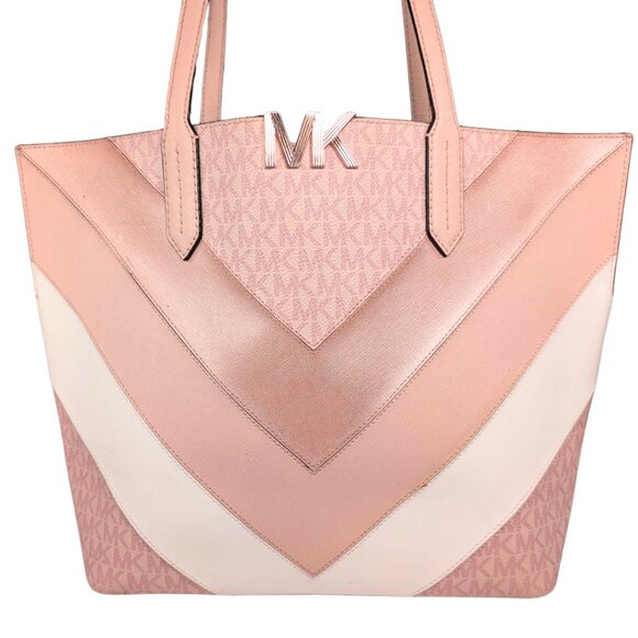 Michael Kors Montgomery MK Signature Leather Pink Rose Gold Chevron Large Tote - Picture 2 of 9